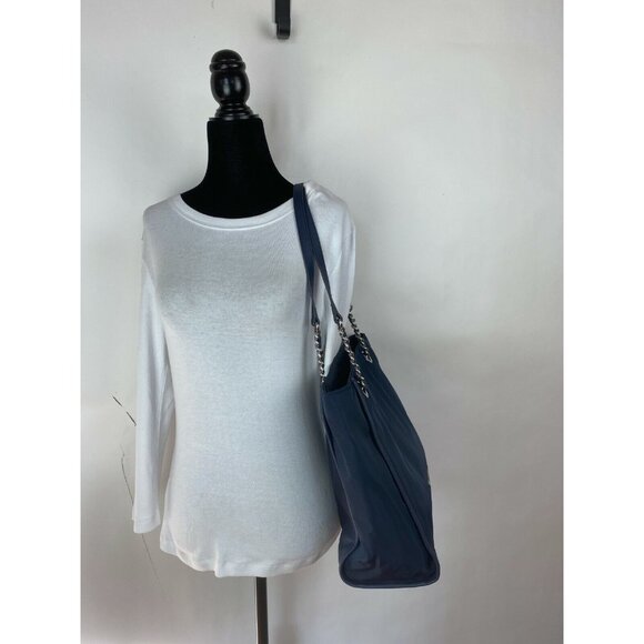 Karl Lagerfeld Paris Large Navy Blue Nylon Tote Chain Handles Shoulder Bag - Picture 4 of 12